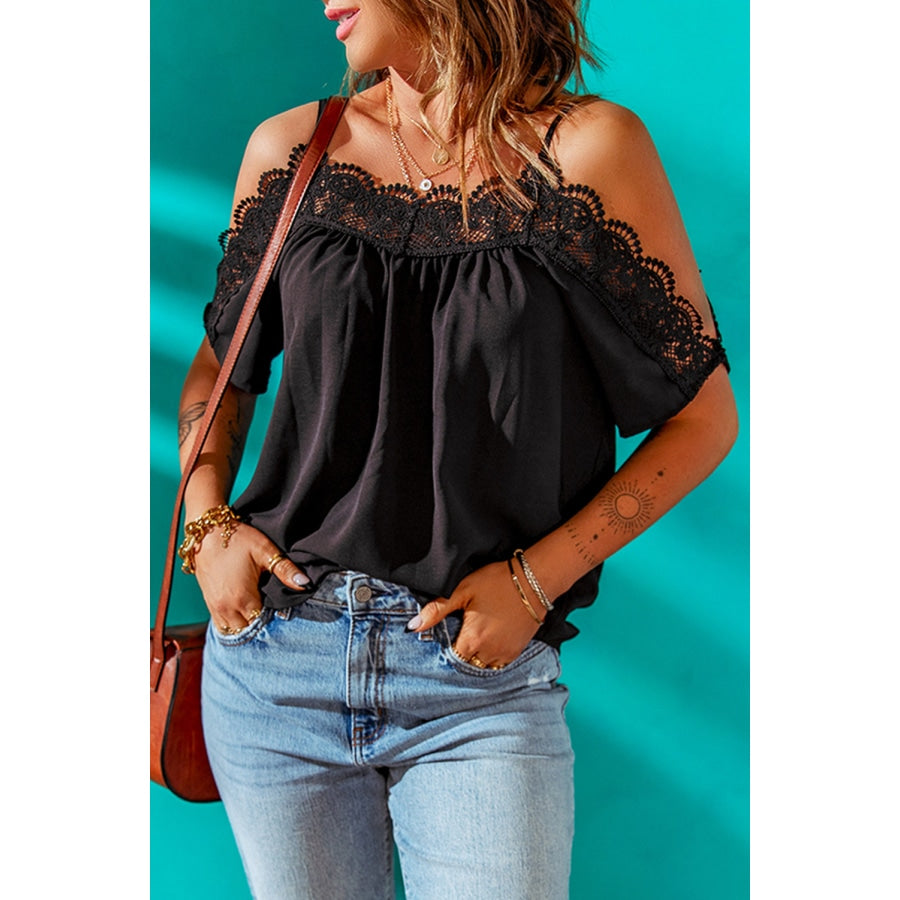 Spaghetti Strap Cold-Shoulder Lace Trim Blouse Black / S