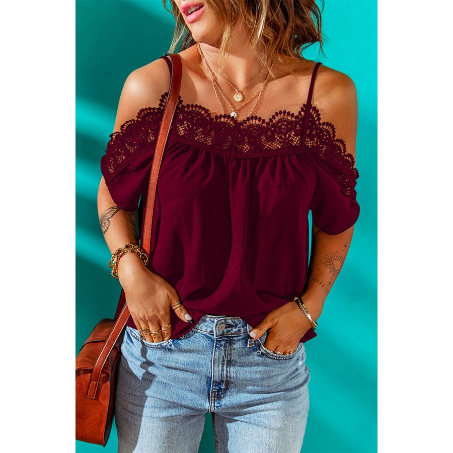 Spaghetti Strap Cold-Shoulder Lace Trim Blouse Deep Red / S