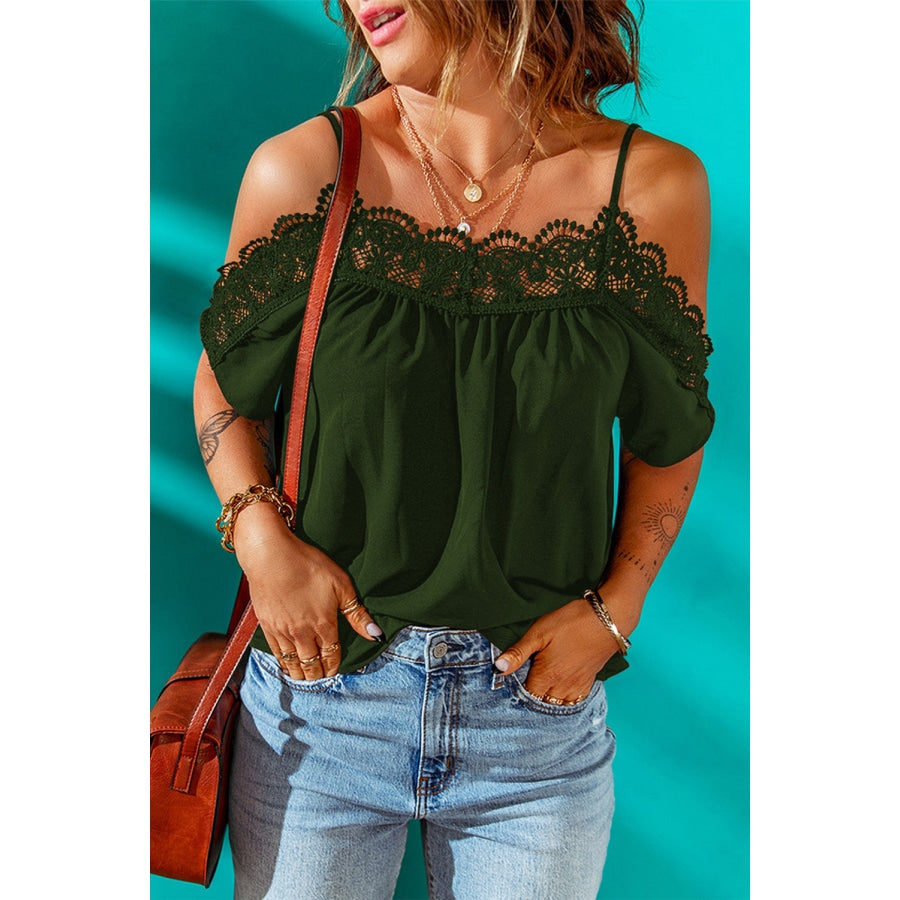 Spaghetti Strap Cold-Shoulder Lace Trim Blouse Mid Green / S