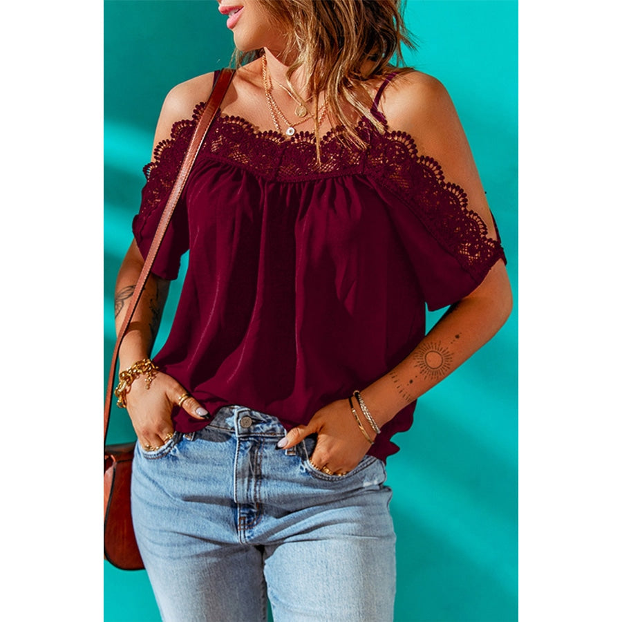 Spaghetti Strap Cold-Shoulder Lace Trim Blouse