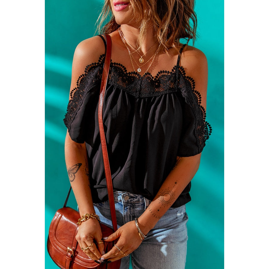 Spaghetti Strap Cold-Shoulder Lace Trim Blouse