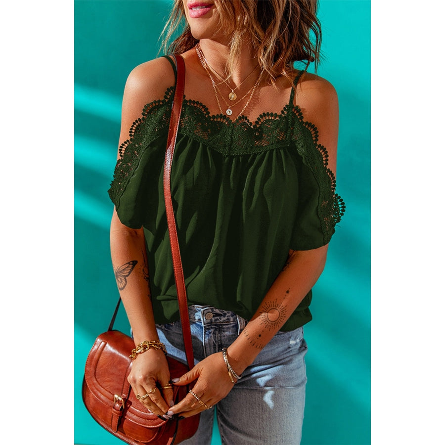 Spaghetti Strap Cold-Shoulder Lace Trim Blouse