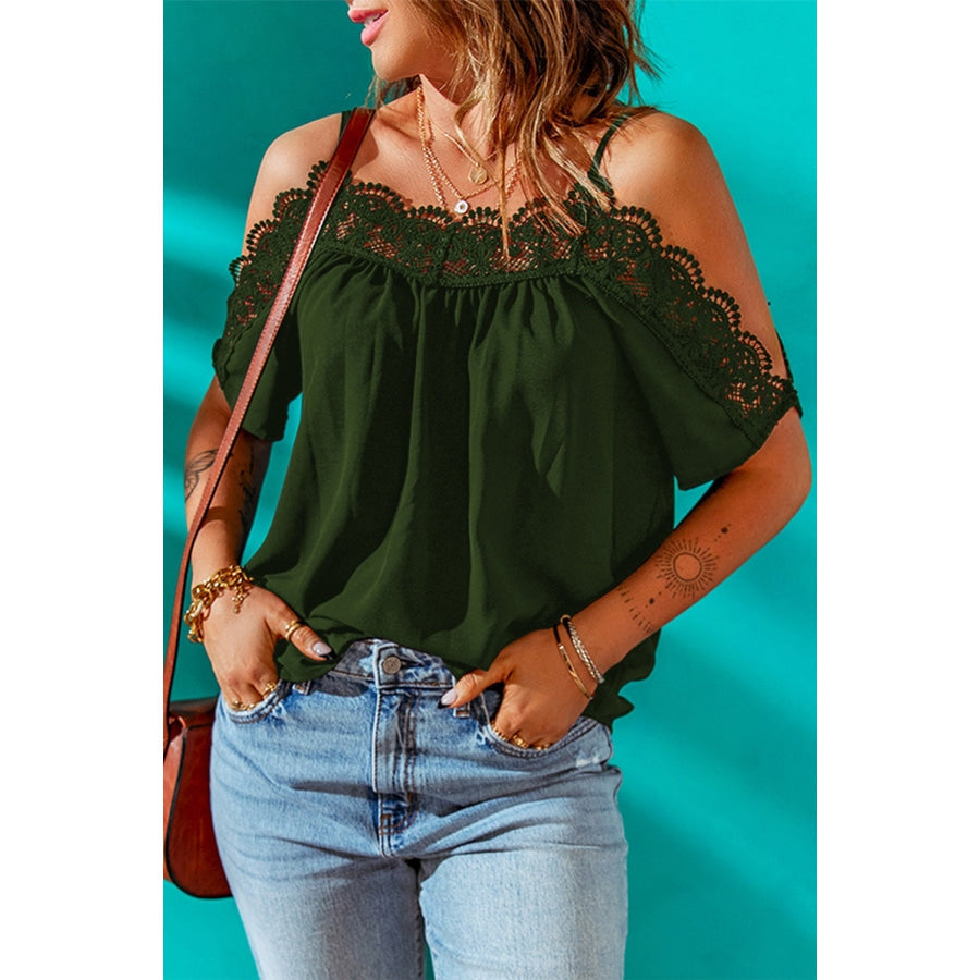 Spaghetti Strap Cold-Shoulder Lace Trim Blouse