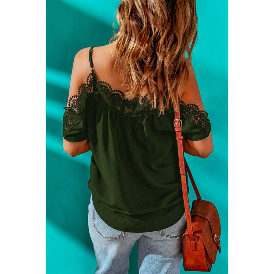 Spaghetti Strap Cold-Shoulder Lace Trim Blouse