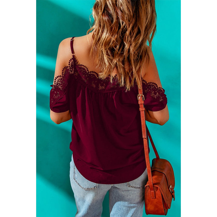 Spaghetti Strap Cold-Shoulder Lace Trim Blouse