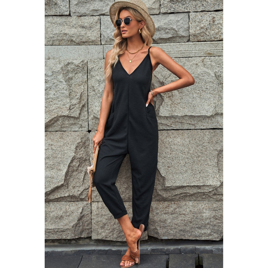 Spaghetti Strap Deep V Jumpsuit with Pockets