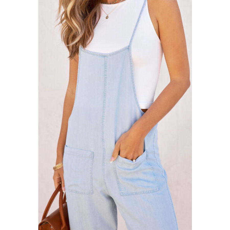 Spaghetti Strap Denim Overalls with Pockets Apparel and Accessories