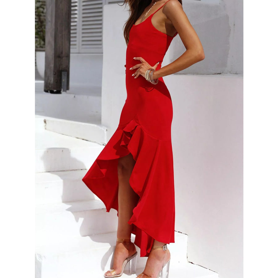 Spaghetti Strap High-Low Ruffle Hem Dress Apparel and Accessories