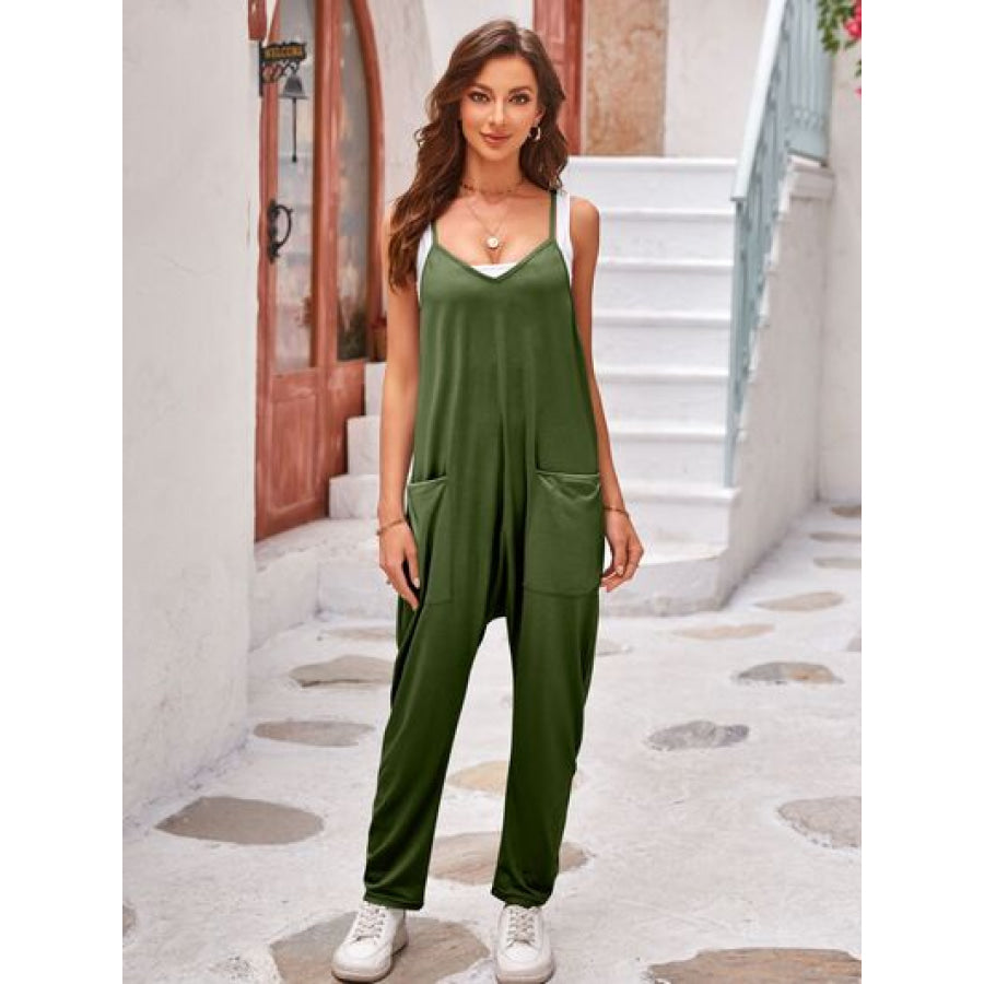 Spaghetti Strap Jumpsuit with Pockets Moss / S Apparel and Accessories