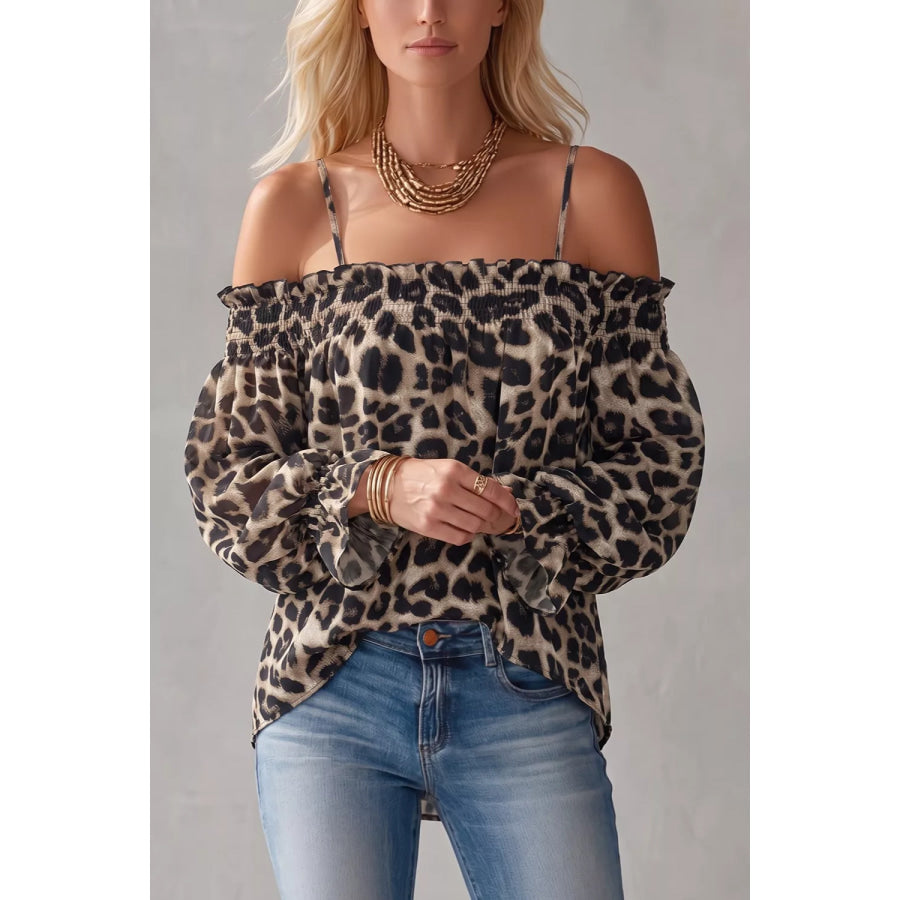 Spaghetti Strap Leopard Long Sleeve Blouse Apparel and Accessories