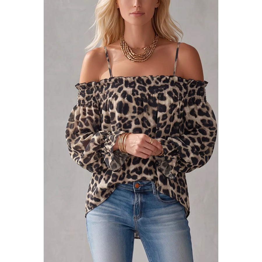 Spaghetti Strap Leopard Long Sleeve Blouse Apparel and Accessories