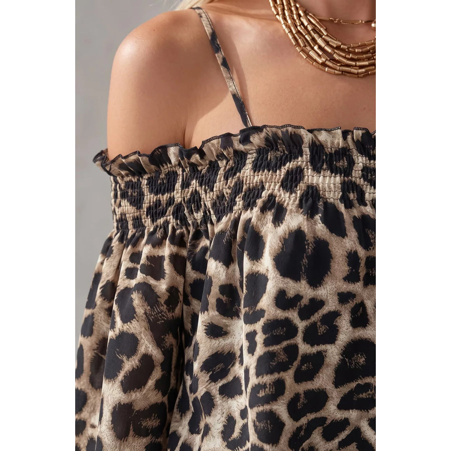 Spaghetti Strap Leopard Long Sleeve Blouse Apparel and Accessories