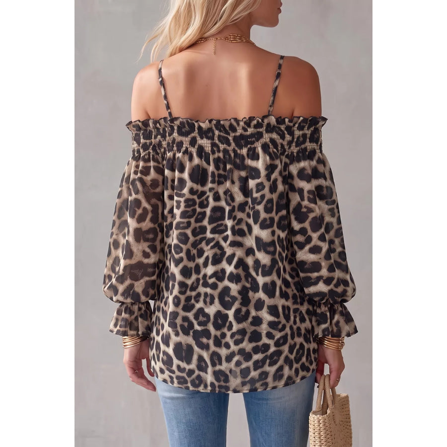 Spaghetti Strap Leopard Long Sleeve Blouse Apparel and Accessories