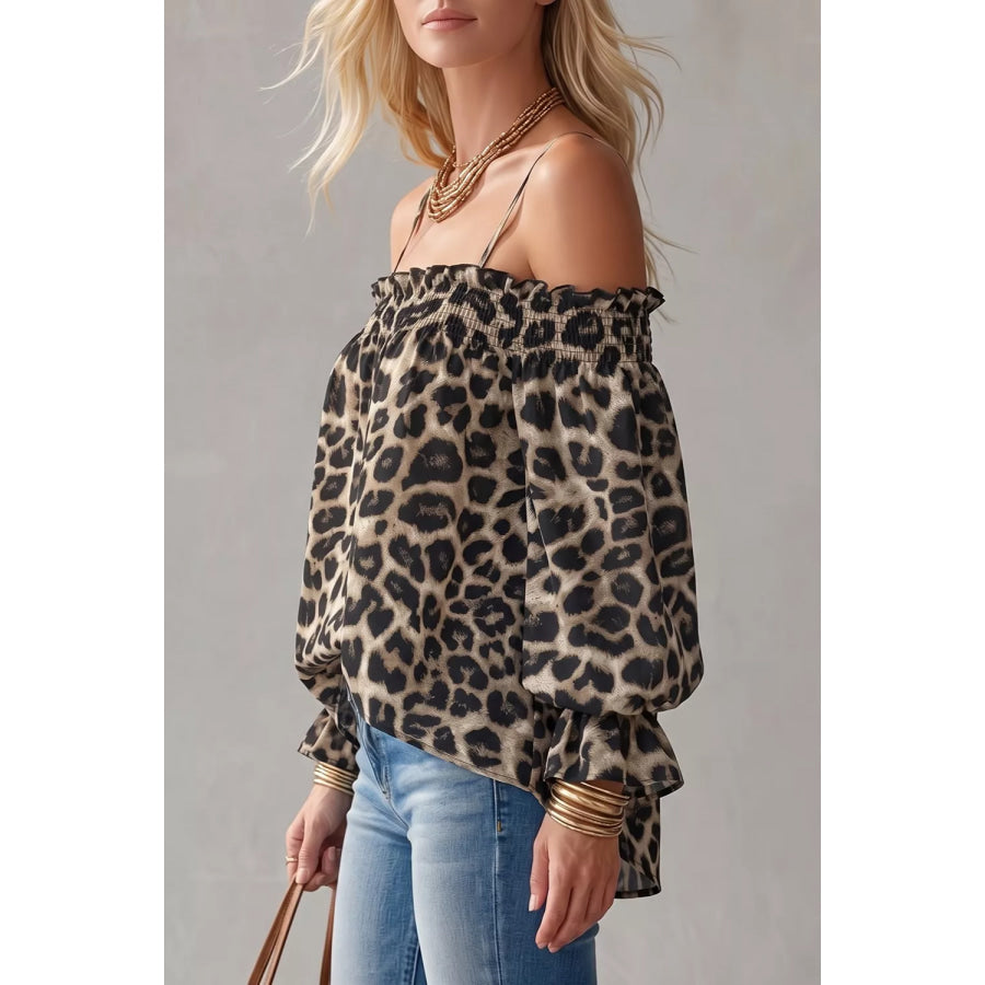 Spaghetti Strap Leopard Long Sleeve Blouse Apparel and Accessories