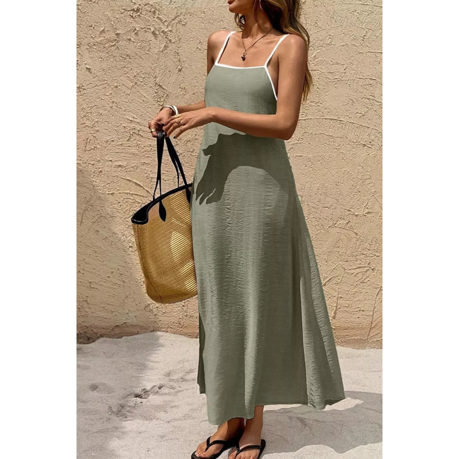 Spaghetti Strap Maxi Dress with Contrast Trim Matcha Green / S Apparel and Accessories