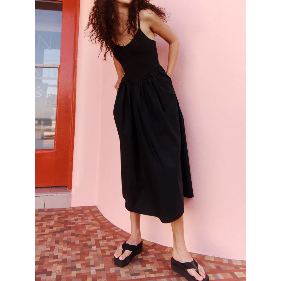 Spaghetti Strap Midi Dress with Pockets Black / S Apparel and Accessories