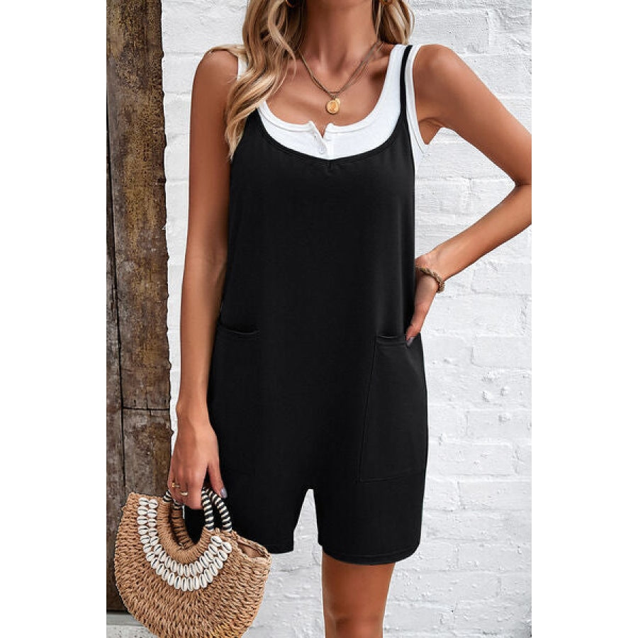 Spaghetti Strap Romper with Pockets Black / S Apparel and Accessories