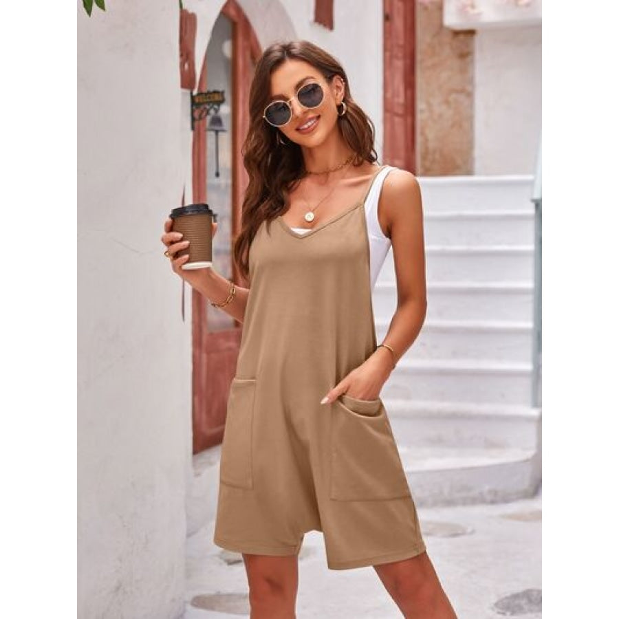 Spaghetti Strap Romper with Pockets Camel / S Apparel and Accessories