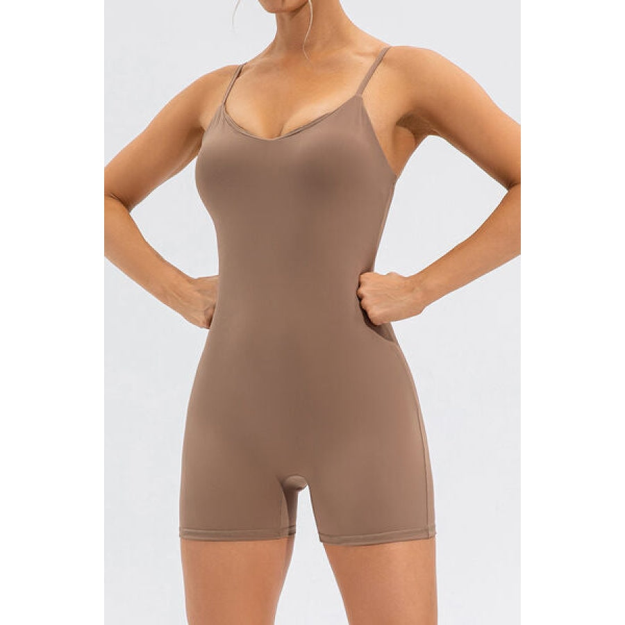 Spaghetti Strap Round Neck Romper Tan / S Apparel and Accessories