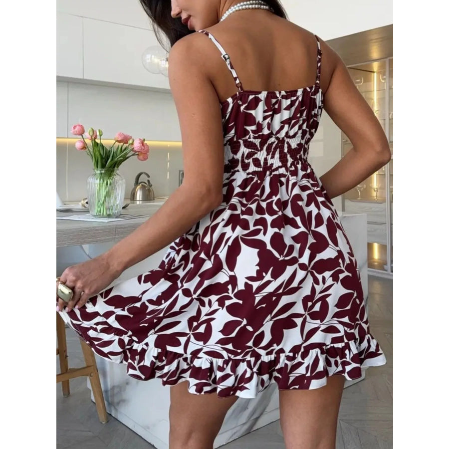 Spaghetti Strap Ruffle Hem Mini Dress with Abstract Print Apparel and Accessories