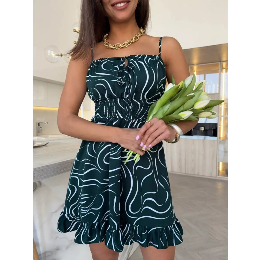Spaghetti Strap Ruffle Hem Mini Dress with Abstract Print Green / S Apparel and Accessories