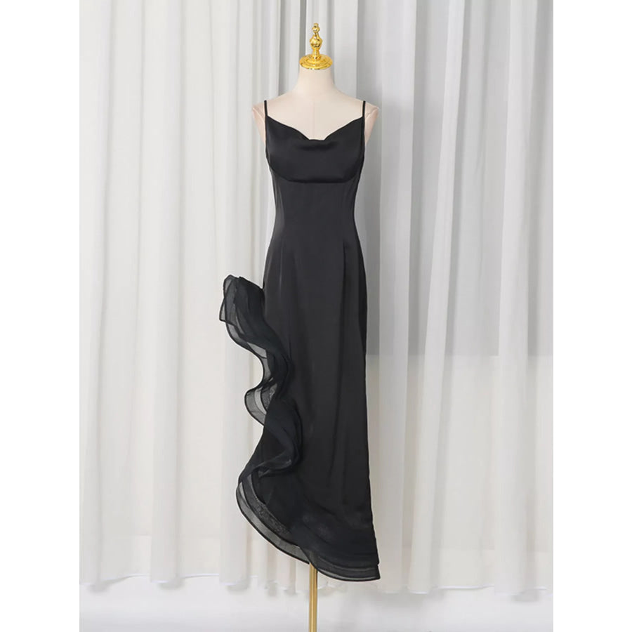 Spaghetti Strap Ruffle Slit Maxi Dress Apparel and Accessories