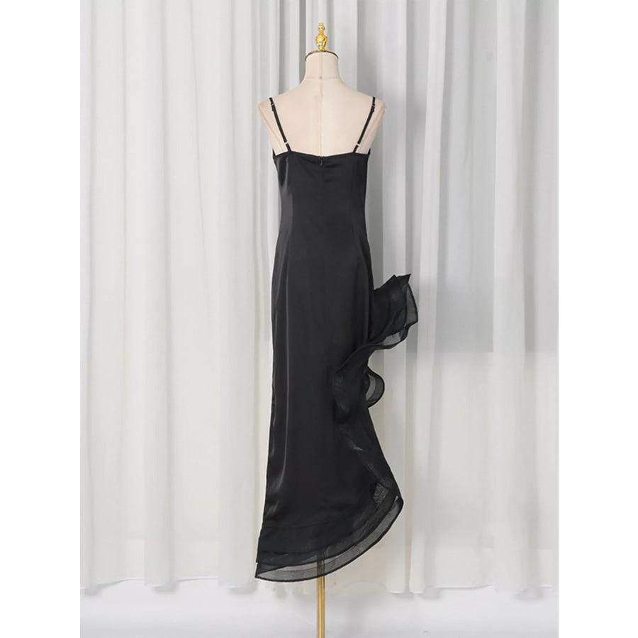 Spaghetti Strap Ruffle Slit Maxi Dress Apparel and Accessories