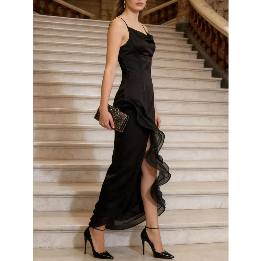 Spaghetti Strap Ruffle Slit Maxi Dress Black / S Apparel and Accessories