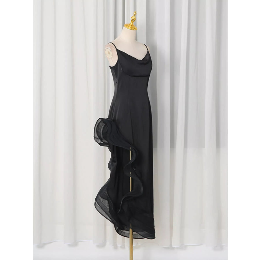 Spaghetti Strap Ruffle Slit Maxi Dress Apparel and Accessories