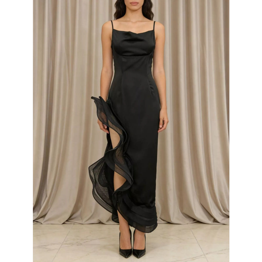 Spaghetti Strap Ruffle Slit Maxi Dress Apparel and Accessories
