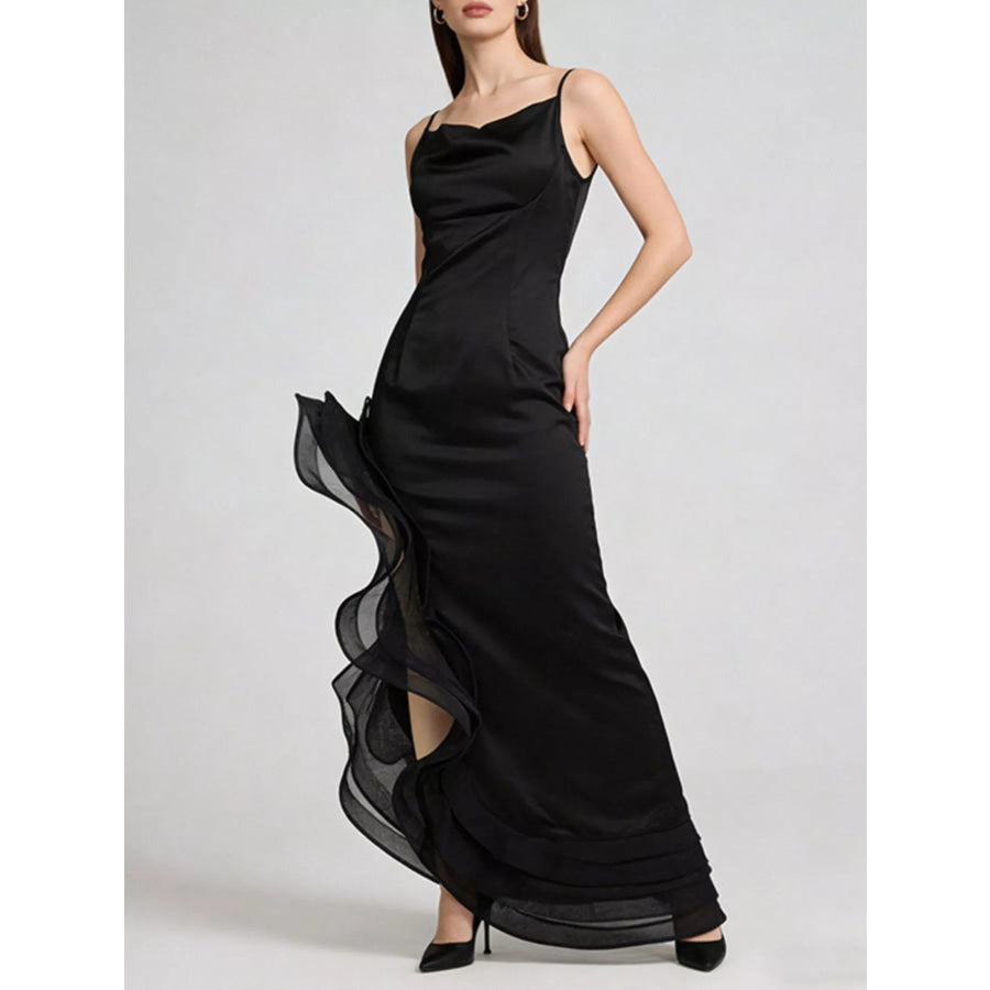 Spaghetti Strap Ruffle Slit Maxi Dress Black / S Apparel and Accessories