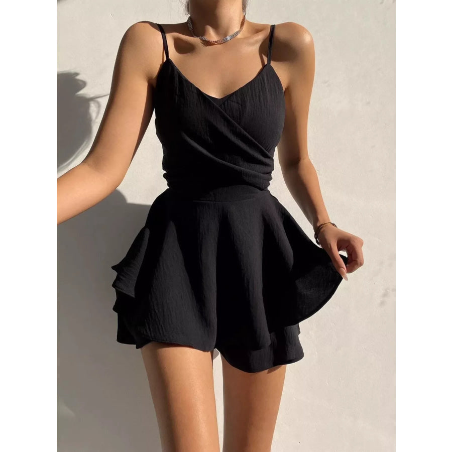 Spaghetti Strap Ruffled Romper Black / S Apparel and Accessories