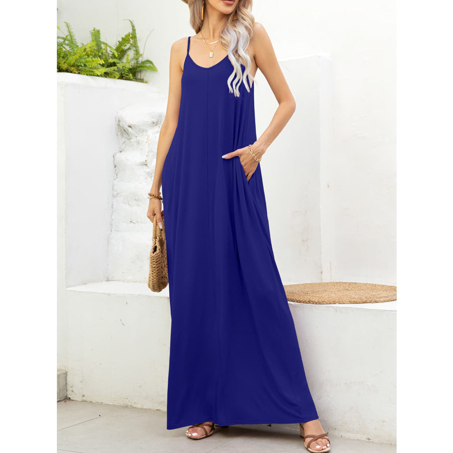 Spaghetti Strap V-Neck Maxi Dress with Pockets Navy / S