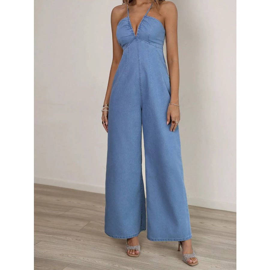 Spaghetti Strap Wide Leg Denim Jumpsuit Apparel and Accessories