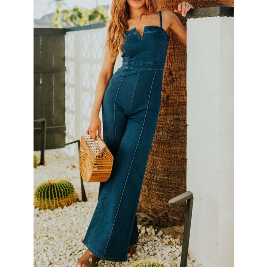 Spaghetti Strap Wide Leg Denim Jumpsuit Apparel and Accessories