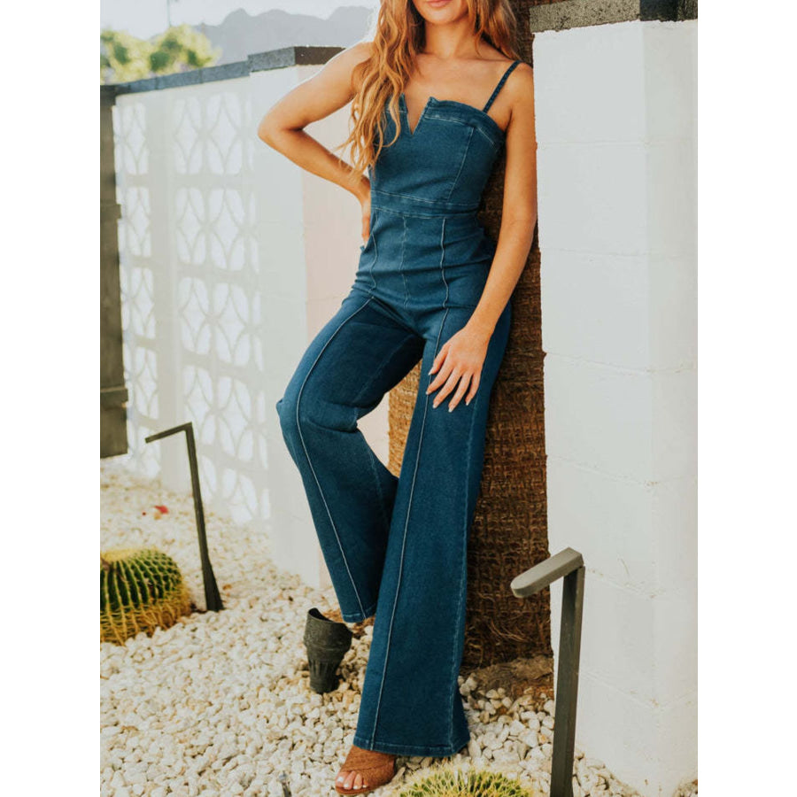 Spaghetti Strap Wide Leg Denim Jumpsuit Apparel and Accessories
