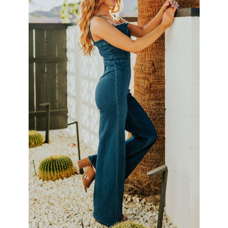 Spaghetti Strap Wide Leg Denim Jumpsuit Apparel and Accessories