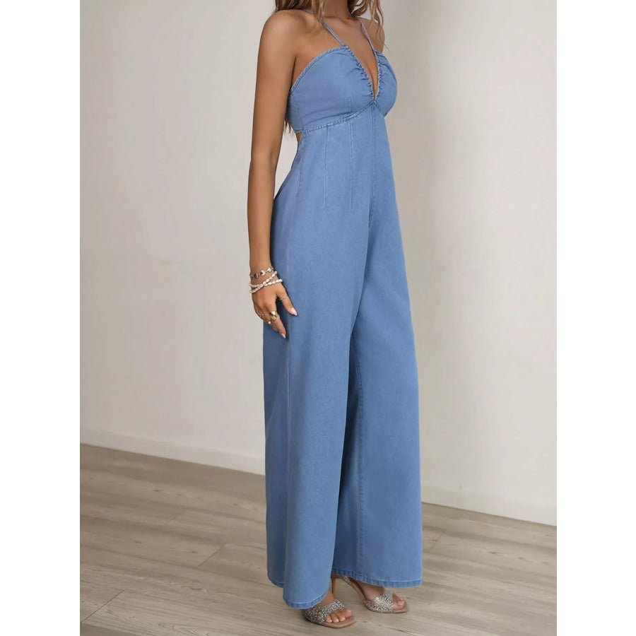 Spaghetti Strap Wide Leg Denim Jumpsuit Apparel and Accessories
