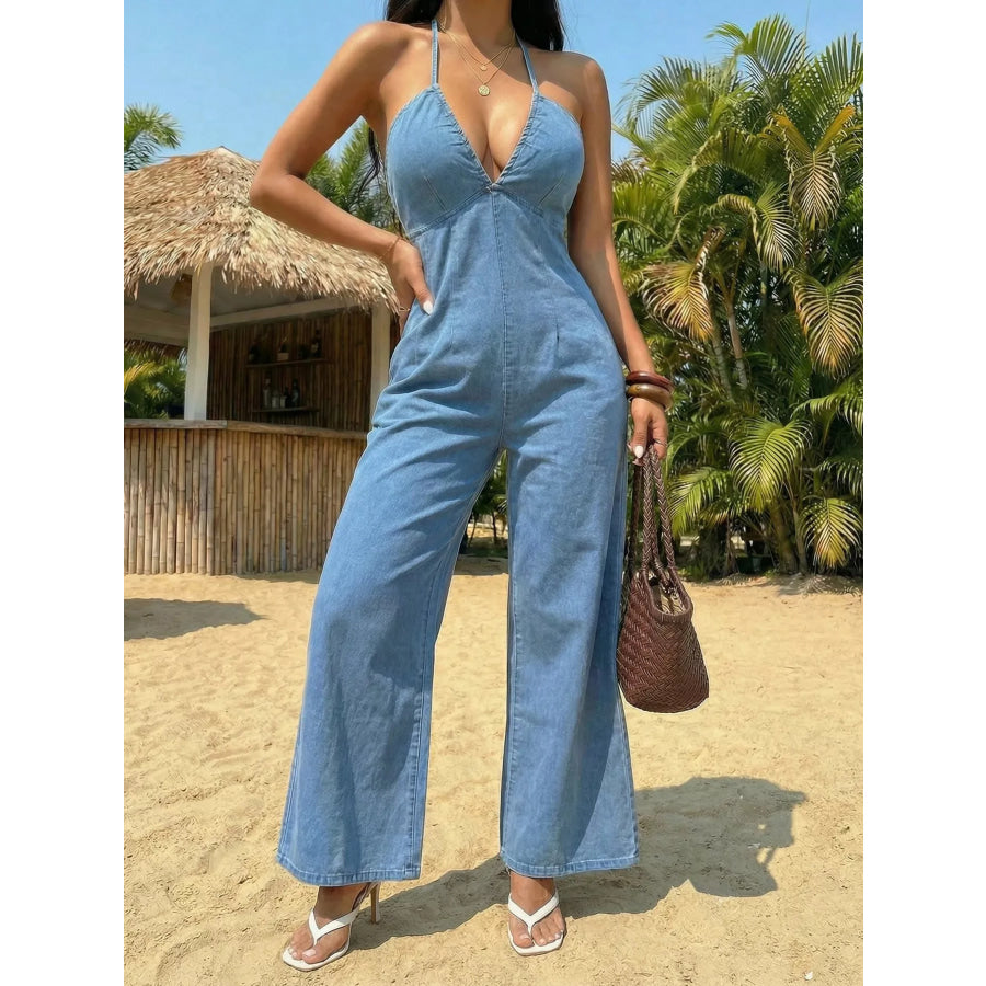 Spaghetti Strap Wide Leg Denim Jumpsuit Blue / XS Apparel and Accessories