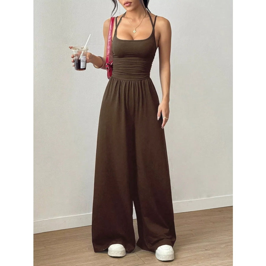 Spaghetti Strap Wide Leg Jumpsuit Brown / S Apparel and Accessories
