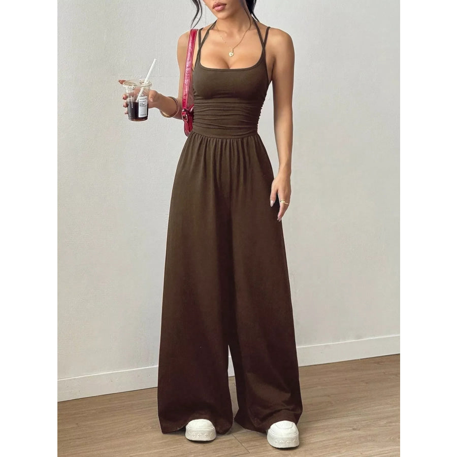 Spaghetti Strap Wide-Leg Jumpsuit Brown / S Apparel and Accessories