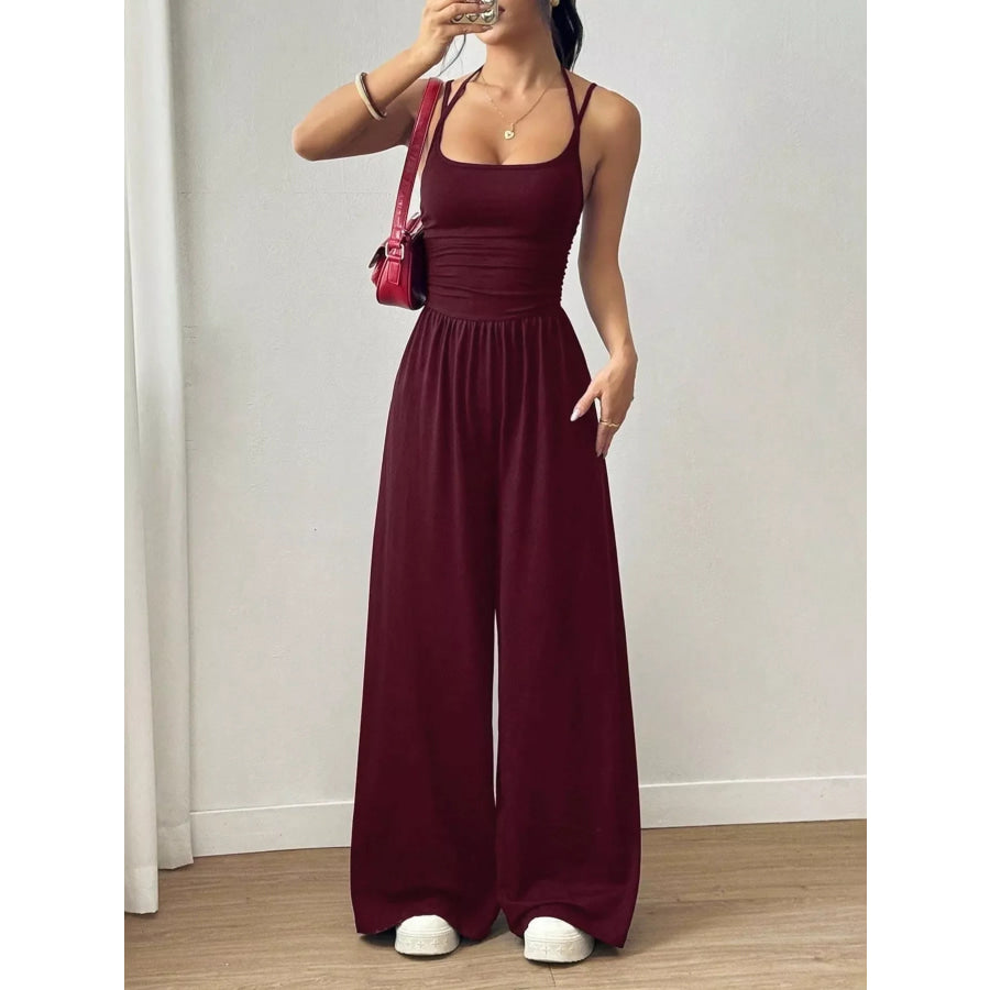 Spaghetti Strap Wide Leg Jumpsuit Burgundy / S Apparel and Accessories