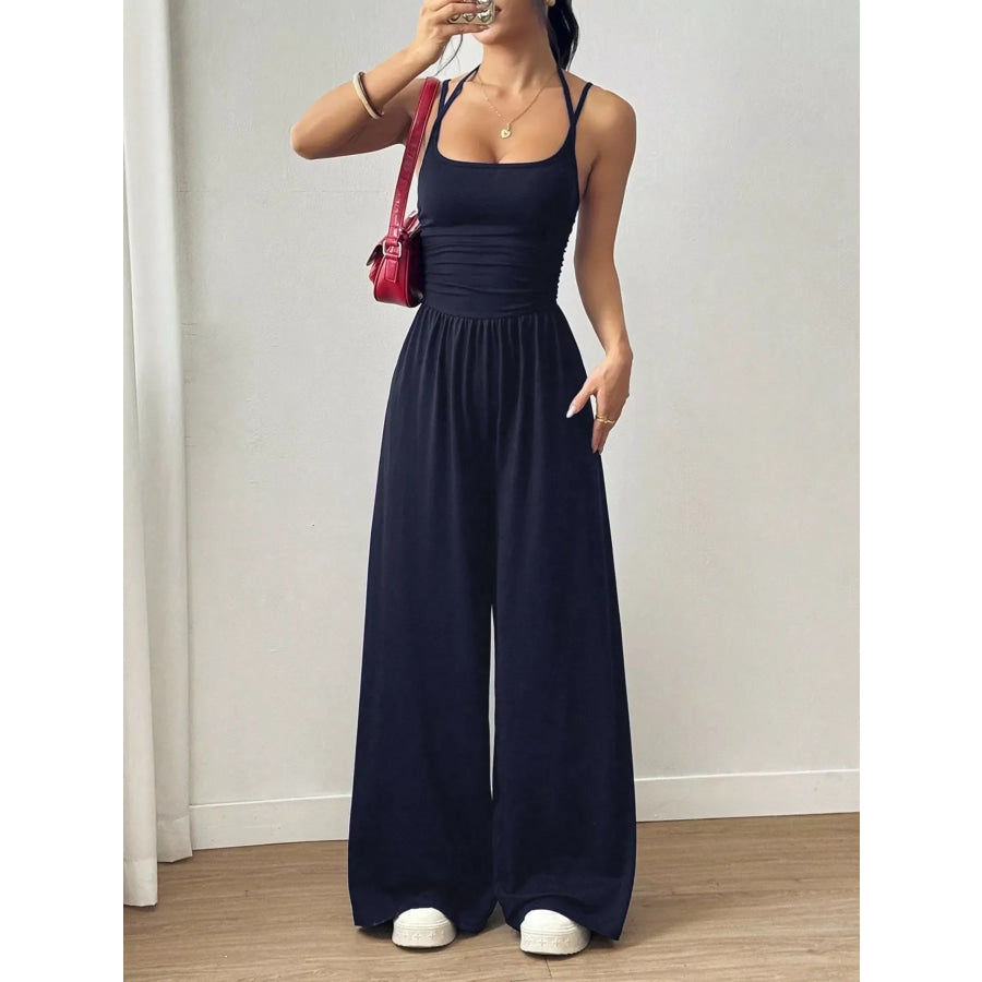 Spaghetti Strap Wide Leg Jumpsuit Dark Blue / S Apparel and Accessories