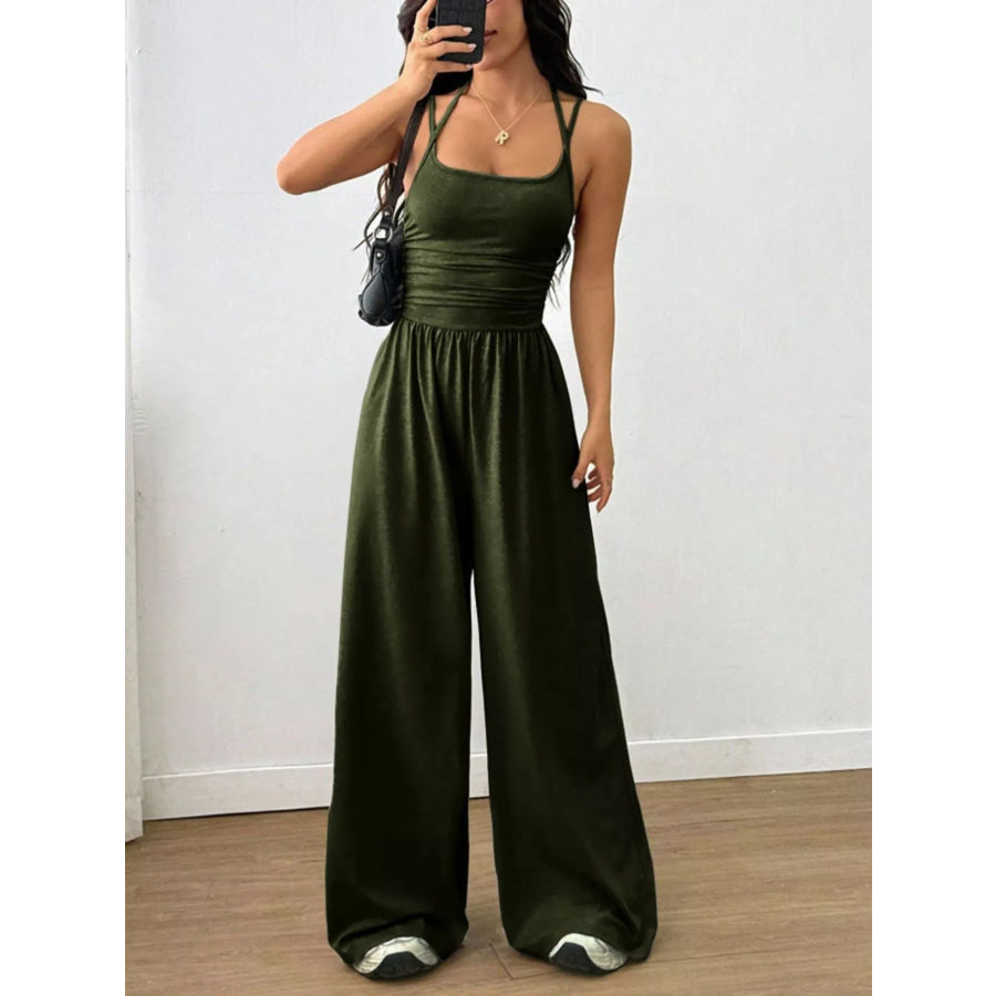 Spaghetti Strap Wide-Leg Jumpsuit Olive Green / S Apparel and Accessories