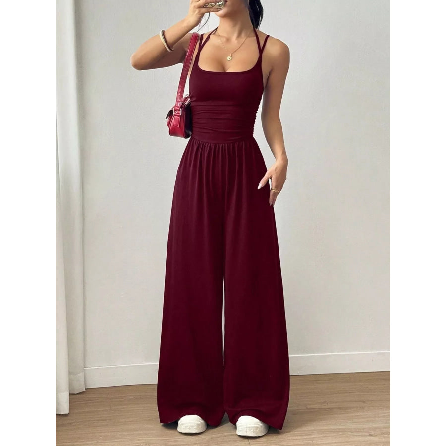 Spaghetti Strap Wide-Leg Jumpsuit Wine Red / S Apparel and Accessories