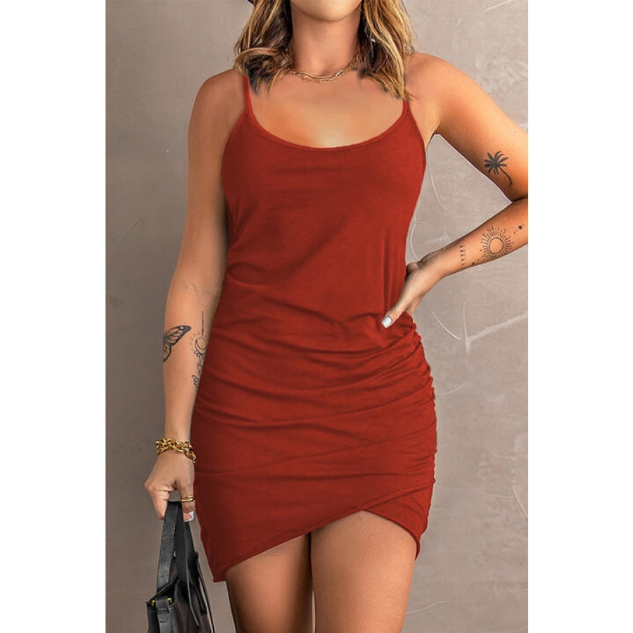 Spaghetti StrapRuched Mini Dress Red Orange / S Clothing