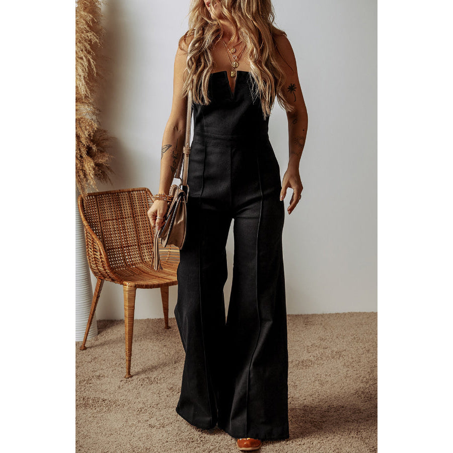 Spaghetti Straps Flare Denim Jumpsuit Apparel and Accessories