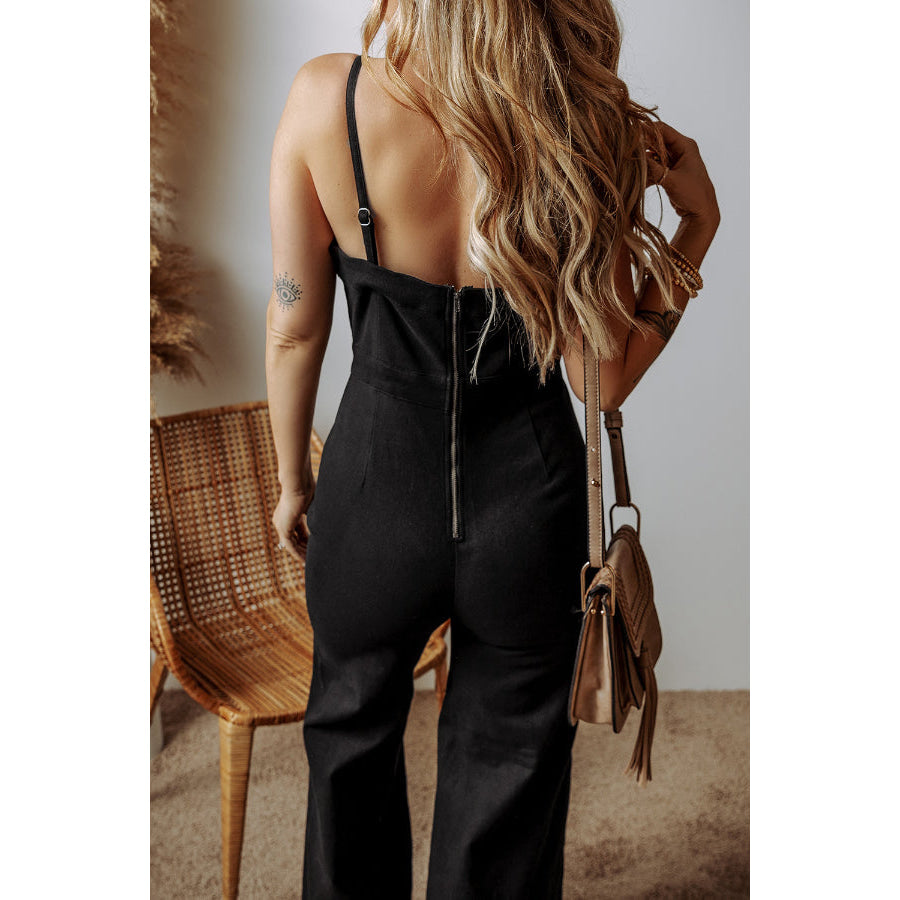 Spaghetti Straps Flare Denim Jumpsuit Apparel and Accessories