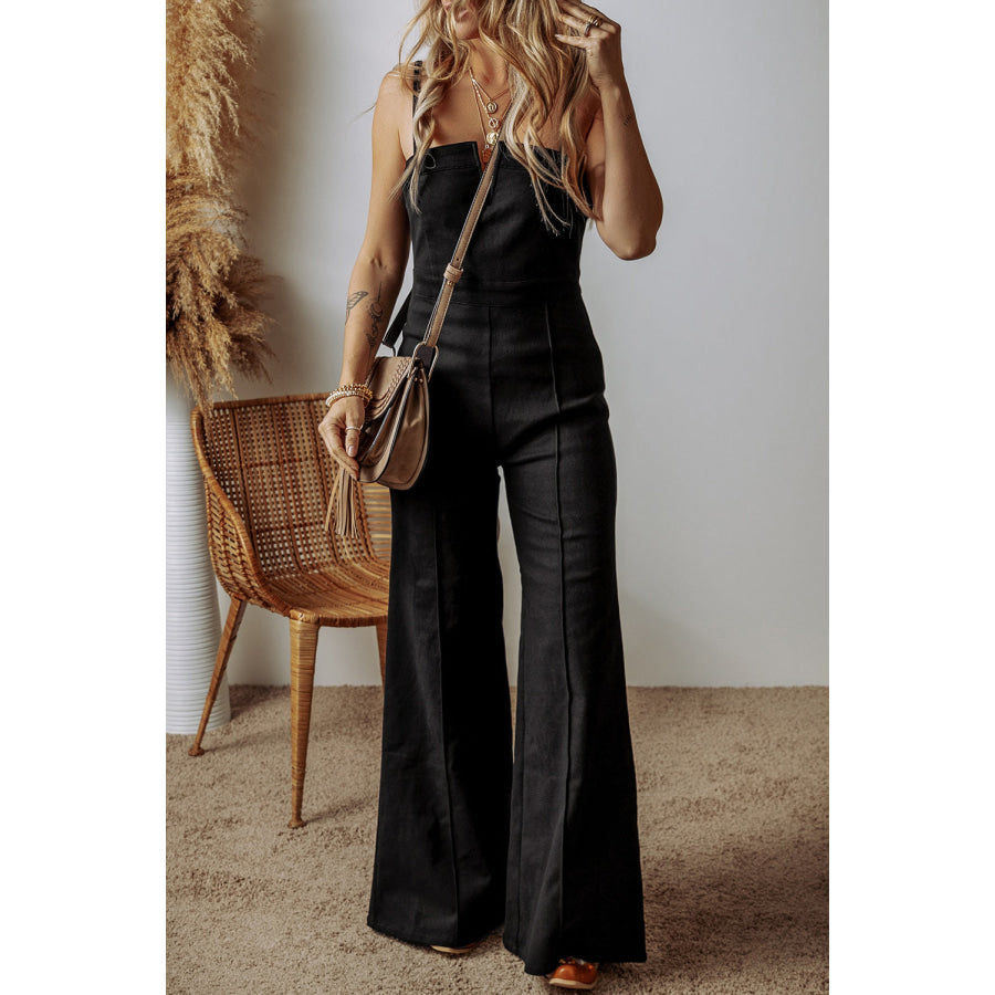 Spaghetti Straps Flare Denim Jumpsuit Apparel and Accessories