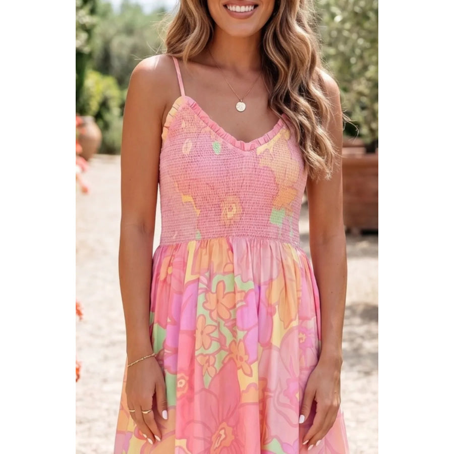 Spaghetti Straps Floral Shirred High Waist Dress Apparel and Accessories